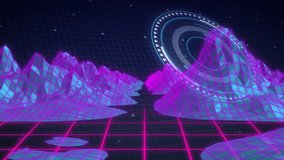 On loop start, neon grid with rotating HUD pulsing, panels emerging to visualize retro navigation. Cyberspace, futuristic, digital, technology, abstract, virtual, neon - Powered by Shutterstock - Get 15% off with code: PIKWIZARD15