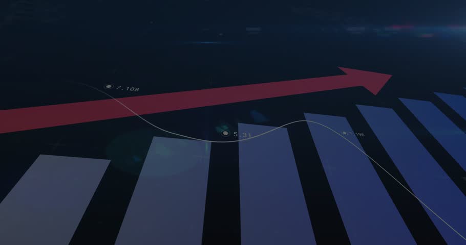 Dark grid appearing launching bars, arrow drawing trend line tracing pink-blue graphs showing gain. Data analysis, financial dashboard, growth metrics, digital interface, market trends, performance