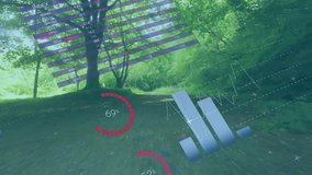 Forward-moving camera entering forest starting HUD overlays shifting charts visualizing metrics. Technology, data visualization, analytics, interface, futuristic, dashboard, nature - Powered by Shutterstock - Get 15% off with code: PIKWIZARD15