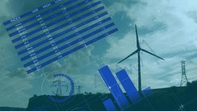 Blue data table fading in spurring charts animating over wind farm for full data infographic. Renewable, sustainability, energy, data visualization, environmental, infrastructure, technology - Powered by Shutterstock - Get 15% off with code: PIKWIZARD15