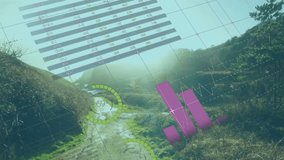 Grid overlay appearing over path sparking 3D bar graphs rising pie charts unfolding for analytics. Data visualization, analytics, infographics, technical, modern, forecasting, digital - Powered by Shutterstock - Get 15% off with code: PIKWIZARD15