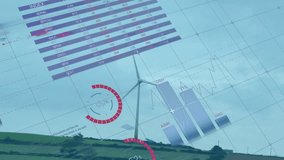 Data table appearing starting bars rising and pie spinning around wind turbine showing performance. Renewable, sustainability, analytics, visualization, engineering, environmental, technology - Powered by Shutterstock - Get 15% off with code: PIKWIZARD15