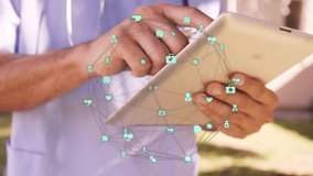 Clinician tapping tablet touchscreen while expanding health-data network to reveal patient icons. Medical, technology, innovation, connectivity, healthcare, digital, professional - Powered by Shutterstock - Get 15% off with code: PIKWIZARD15
