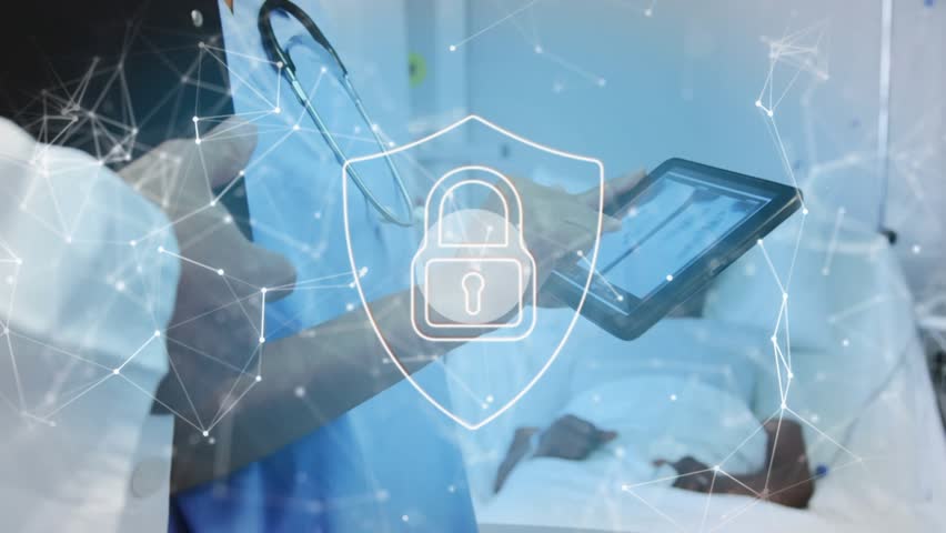 Nurse tapping tablet and doctor reviewing patient data as sharing details securely with lock icons. Medical, collaboration, digital, healthcare, technology, professional, innovation