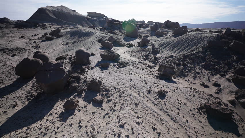 A stunning low-altitude drone flight over the otherworldly landscape of the Valley of the Moon (Valle de la Luna) in Ischigualasto Park, a UNESCO World Heritage site in Argentina.