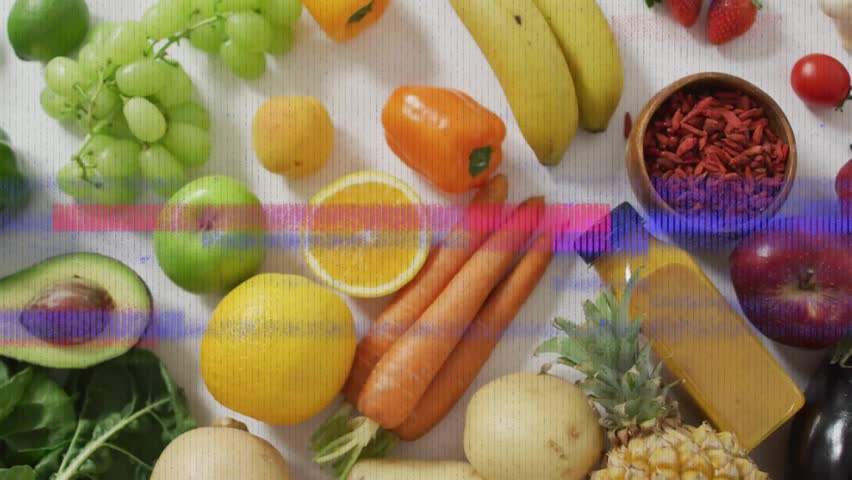 Produce layout showing top view glitching after initial reveal then clearing to restore display. Vegetables, fruits, health, freshness, natural, organic, vibrant