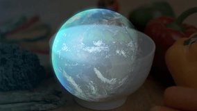 By third frame holographic Earth globe rising above bowl code snippets circling visualizing data. Futuristic, technology, digital, innovation, eco-friendly, clean, vibrant - Powered by Shutterstock - Get 15% off with code: PIKWIZARD15