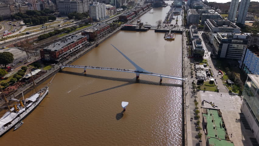 Aerial view of iconic bridge of woman, pedestrian bridge in Puerto Madero, Buenos Aires, Argentina
