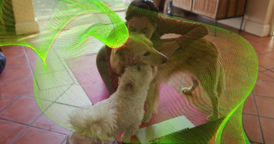 woman kneeling on yoga mat doing fitness workout, pausing as dogs enter, greeting pets near laptop. Fitness, wellness, companionship, outdoor-inspired, cozy, health, relaxation