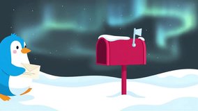 An adorable blue penguin mails a letter into a red mailbox covered in snow, set against a beautiful arctic backdrop with the aurora borealis dancing in the night sky. - Powered by Shutterstock - Get 15% off with code: PIKWIZARD15