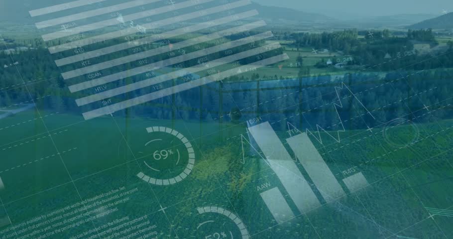 Opening aerial shot initiating agritech bar charts and pie charts animating across rolling fields. Agriculture, analytics, data visualization, rural landscape, infographic, technology, innovation