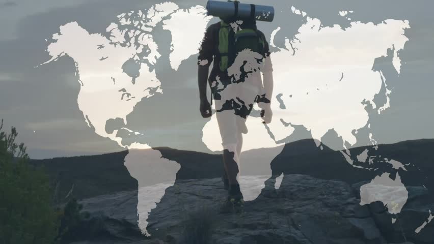 Male backpacker walking cliff travel map showing red network lines leaping celebrating connectivity. Adventure, exploration, connectivity, global, trek, triumph, landscape - Powered by Shutterstock - Get 15% off with code: PIKWIZARD15