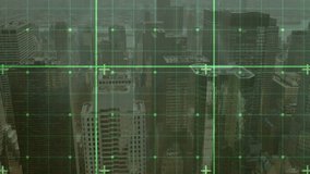 Digital grid overlay fading in sliding lines and flickering markers scanning skyline for monitoring. Futuristic, technology, surveillance, interface, urban, motion, abstract - Powered by Shutterstock - Get 15% off with code: PIKWIZARD15