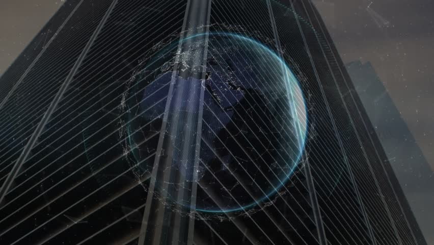 Low-angle glass tower starting wireframe globe fading floating numbers pulsing rotating. Futuristic, technology, innovation, data visualization, urban, abstract, digital - Powered by Shutterstock - Get 15% off with code: PIKWIZARD15