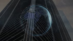 Low-angle glass tower starting wireframe globe fading floating numbers pulsing rotating. Futuristic, technology, innovation, data visualization, urban, abstract, digital - Powered by Shutterstock - Get 15% off with code: PIKWIZARD15