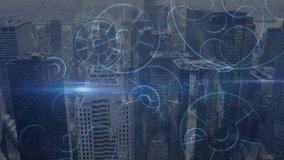 Soft lens flare appearing, starting translucent gears rotating over skyline, visualizing network. Urban, technology, innovation, futuristic, corporate, digital, abstract - Powered by Shutterstock - Get 15% off with code: PIKWIZARD15