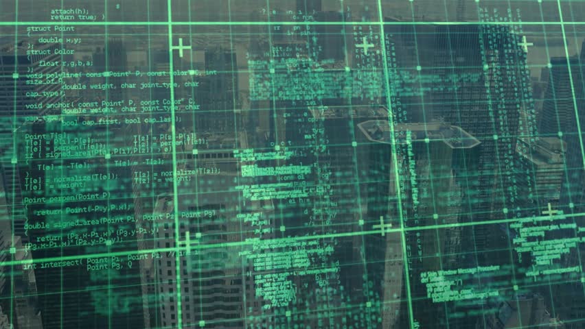 Opening green grid and sliding code over blurred skyline with plus cursors highlighting sections. Futuristic, digital, technology, innovation, interface, urban, data