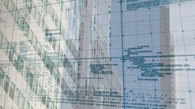Grid overlay appearing on tall façade code blocks scattering then converging showing live data feed. Technology, cybersecurity, innovation, digital, futuristic, urban, data visualization - Powered by Shutterstock - Get 15% off with code: PIKWIZARD15
