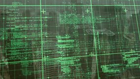 Green digital overlay appearing over skyline, updating code, moving crosshairs and scanning data. Futuristic, technology, interface, data, cybersecurity, urban, innovation - Powered by Shutterstock - Get 15% off with code: PIKWIZARD15