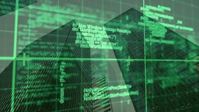 Upon grid overlay appearing over skyscrapers code streams scrolling down walls simulating hacking. Technology, cybersecurity, digital, urban, innovation, futuristic, abstract - Powered by Shutterstock - Get 15% off with code: PIKWIZARD15