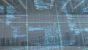 Green grid appearing before windows, emitting code streams into columns, pulsing showing data flow. Holography, data, visualization, technology, futuristic, digital, innovation - Powered by Shutterstock - Get 15% off with code: PIKWIZARD15
