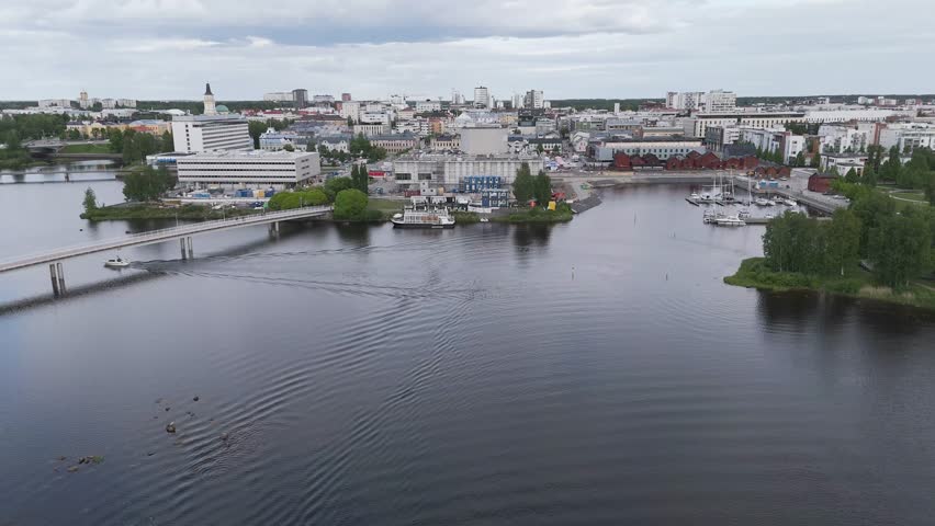 Oulu 2026, European Capital of Culture. Modern bike paths, bridges connecting islands, and city attractions. A green energy, sustainable city to explore by bike or on foot with family. Heritage, Drone