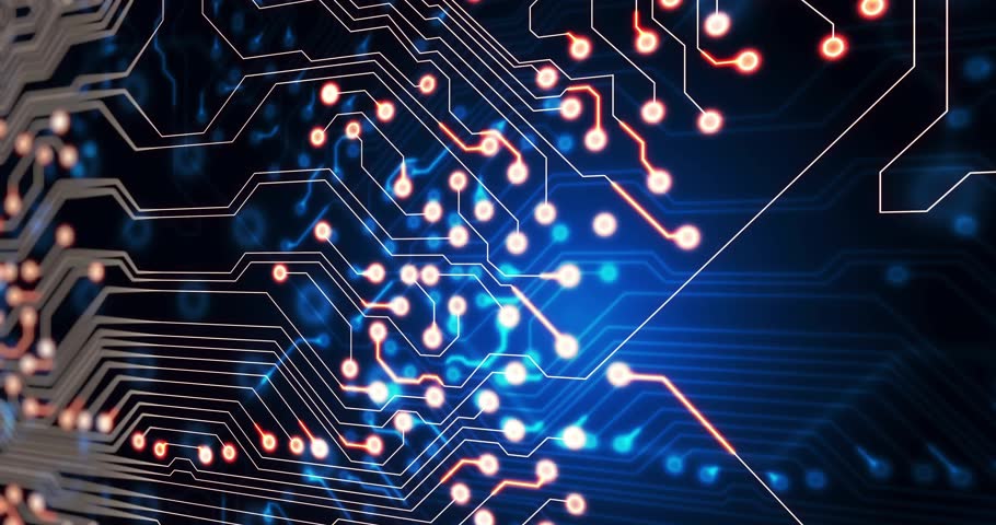 After illumination pixel cluster forming rotating digital globe labeling continents on circuit grid. Futuristic, technology, innovation, connectivity, abstract, digital, neon