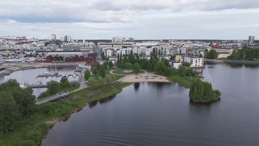 Oulu 2026, European Capital of Culture. Modern bike paths, bridges connecting islands, and city attractions. A green energy, sustainable city to explore by bike or on foot with family. Heritage, Drone