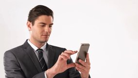 Business exec tapping phone and showing pop-ups tracking likes comments hearts followers. Technology, communication, mobile, network, digital, interaction, innovation - Powered by Shutterstock - Get 15% off with code: PIKWIZARD15