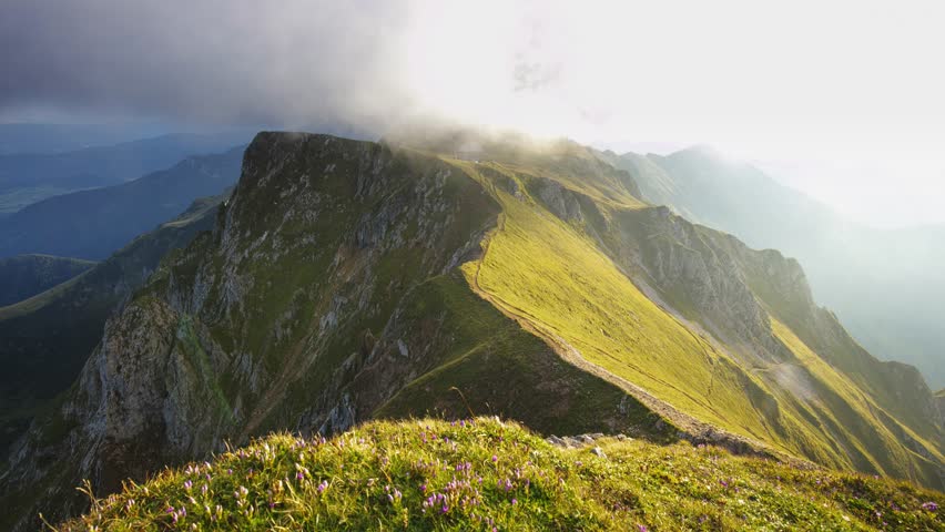 Time lapse of Sunset in Eisenerzer Alpen with Reichensteinhutte. Alp mountain in Styria, Austria
