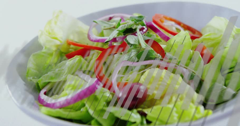Glitch bars sliding in from left while camera pulling, tilting and revealing salad leaves in bowl. Fresh produce, vibrant, minimalist, health, composition, digital art, culinary
