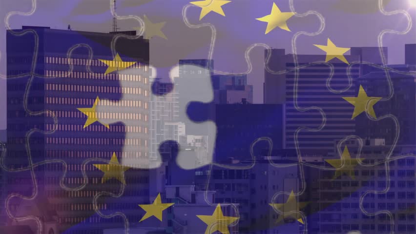 Dusk skyline emerging, hand holding EU puzzle piece aligning slot, locking stars to complete circle. Corporate, teamwork, innovation, digital, enterprise, abstract, futuristic
