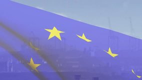 Wind initiating EU flag waving over port skyline, stars shifting by breeze symbolizing unity. Maritime, industrial, patriotic, dynamic, motion, architecture, landscape - Powered by Shutterstock - Get 15% off with code: PIKWIZARD15