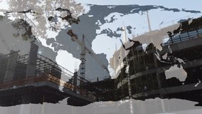 At eighth second sparkles appearing across map overlay reflecting off crane showing global progress. Industrial, development, architecture, progress, innovation, urban, blueprint - Powered by Shutterstock - Get 15% off with code: PIKWIZARD15