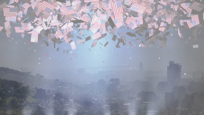 Stage lights initiating red-white-blue confetti drifting over hazy skyline, creating festive show. Festive, celebration, illumination, dynamic, vibrant, atmosphere, spectacle