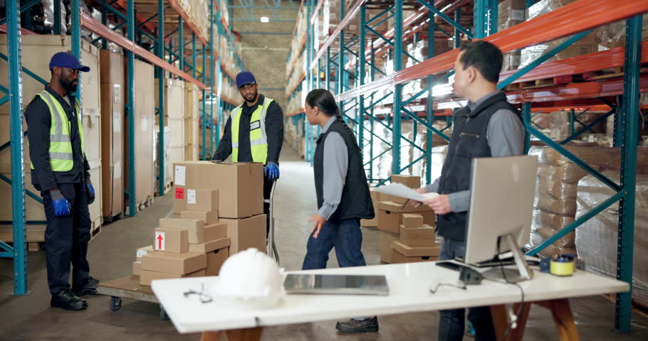 Logistics, team and shouting at employees, factory and angry for distribution delay or supply chain. Kicking, boxes and annoyed with shipment mistake, manager and woman with frustration in warehouse