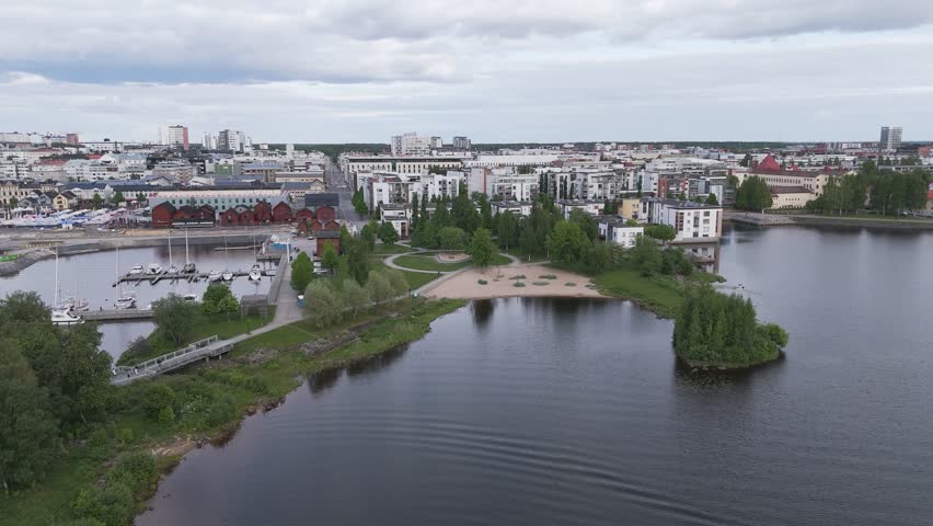 Oulu 2026, European Capital of Culture. Modern bike paths, bridges connecting islands, and city attractions. A green energy, sustainable city to explore by bike or on foot with family. Heritage, Drone