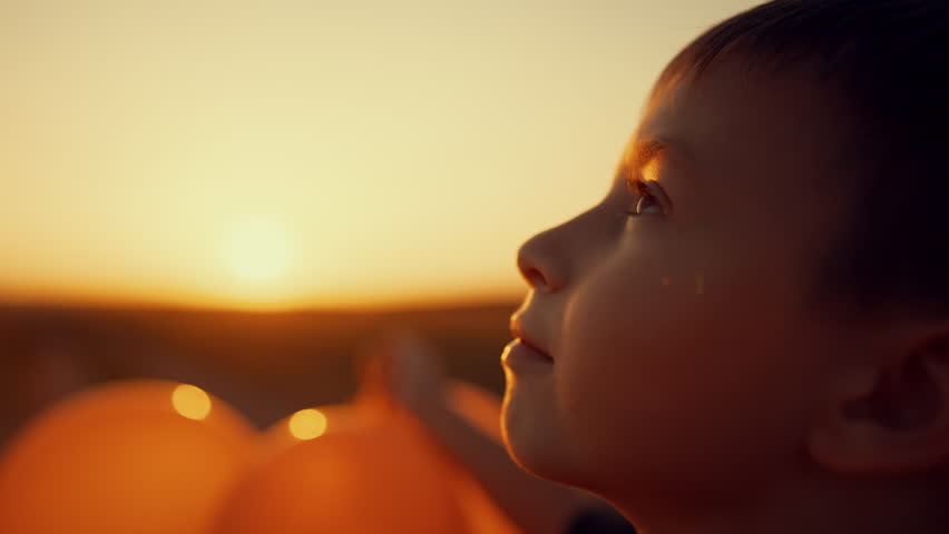 Side portrait of cute 6-years-old boy looking up to sky, birthday party in park. Little dreamer thinking about future, dream of flight high, funny child with balloons against sunrise above field