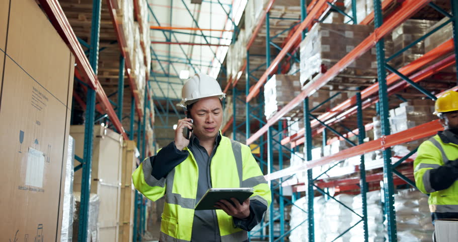 Argument, phone call and man in warehouse with tablet, inspection and distribution issue. Logistics, manager and communication in storage facility with quality control, shipping or supply chain error
