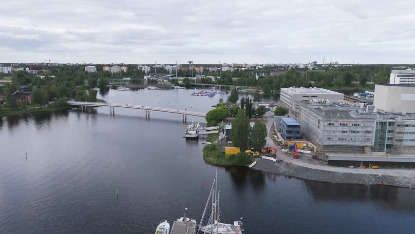 Oulu 2026, European Capital of Culture. Modern bike paths, bridges connecting islands, and city attractions. A green energy, sustainable city to explore by bike or on foot with family. Heritage, Drone