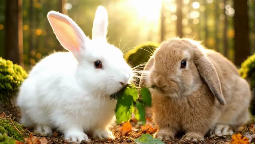 A white rabbit and a brown lop-eared rabbit eating green leaves together in a forest, ideal for wildlife, pet, and nature-themed projects.