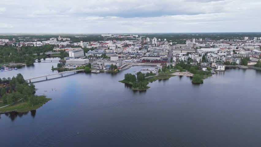 Oulu 2026, European Capital of Culture. Modern bike paths, bridges connecting islands, and city attractions. A green energy, sustainable city to explore by bike or on foot with family. Heritage, Drone