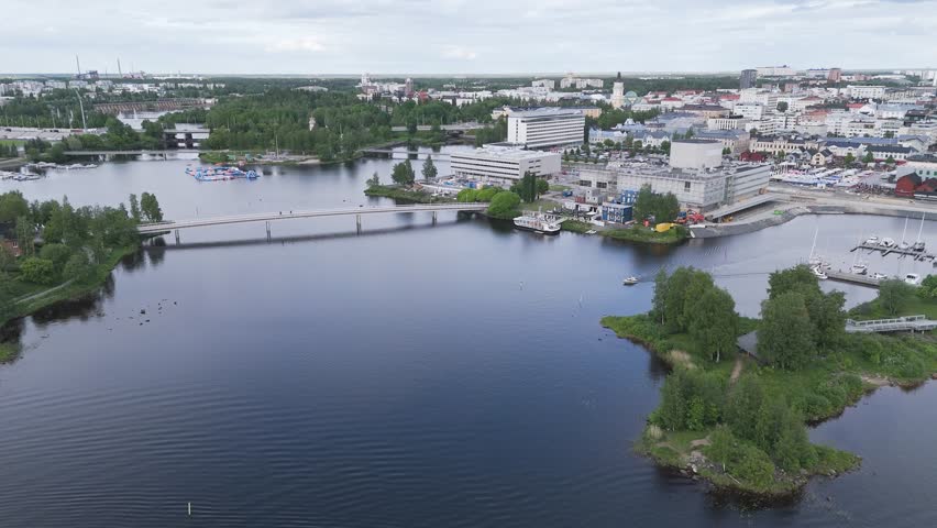 Oulu 2026, European Capital of Culture. Modern bike paths, bridges connecting islands, and city attractions. A green energy, sustainable city to explore by bike or on foot with family. Heritage, Drone
