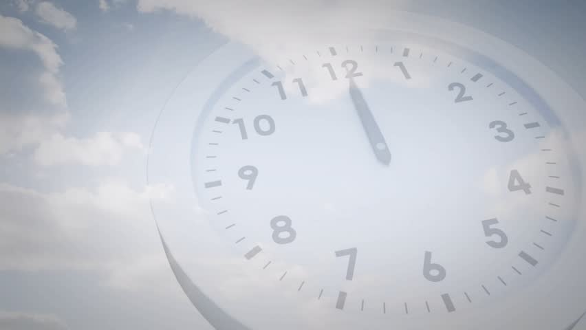 Clock hands emerging over sky causing globe rotating with sliding question tags and planes linking. Globalization, connectivity, data visualization, innovation, communication, travel, technology - Powered by Shutterstock - Get 15% off with code: PIKWIZARD15