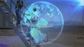 Rotating digital globe emerging and guiding technicians climbing metal staircase at industrial unit. Industrial, technology, teamwork, safety, innovation, infrastructure, digital - Powered by Shutterstock - Get 15% off with code: PIKWIZARD15