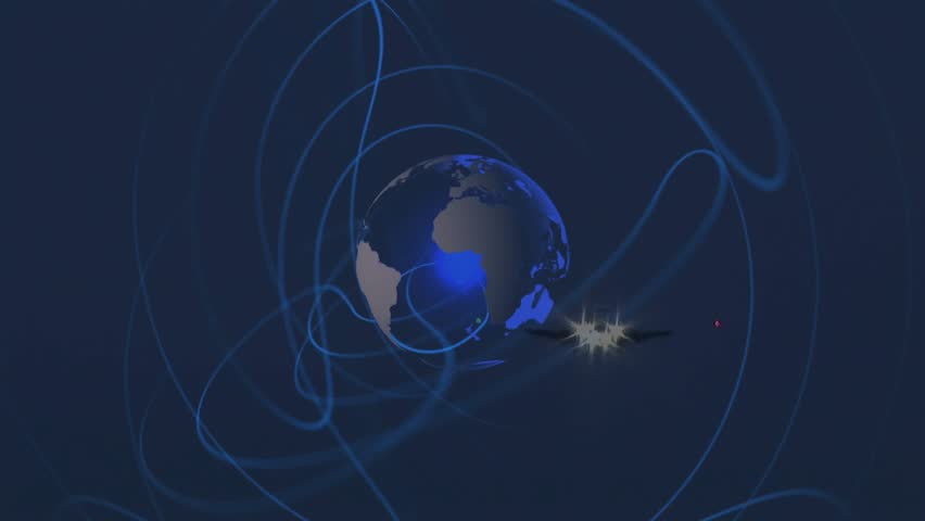 3D globe appearing rotating with blue trails spiral as sparkles become plane silhouette for flight. Technology, innovation, connectivity, digital, futurism, aerospace, navigation
