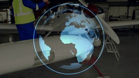 Technician entering bay activating hologram globe inspecting cowling and fluids for flight. Aviation, maintenance, industrial, inspection, futuristic, engineering, technology - Powered by Shutterstock - Get 15% off with code: PIKWIZARD15