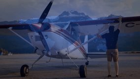 Globe spinning over plane, pilot lifting latch opening cockpit inspecting instruments for safety. Aviation, adventure, exploration, travel, minimalist, professional, transportation - Powered by Shutterstock - Get 15% off with code: PIKWIZARD15
