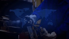 Technician operating gas blowtorch on rod while digital globe rotating showing factory tech. Industrial, technological, futuristic, engineering, machinery, innovation, development - Powered by Shutterstock - Get 15% off with code: PIKWIZARD15