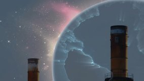 At start globe emerging rotating behind stacks, showing platform and pulsing energy flow 3D render. Industry, technology, universe, innovation, sustainability, energy, futuristic - Powered by Shutterstock - Get 15% off with code: PIKWIZARD15